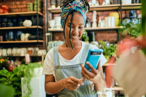 Credit card, pos payment or florist woman, startup small business owner or manager with retail sales product
