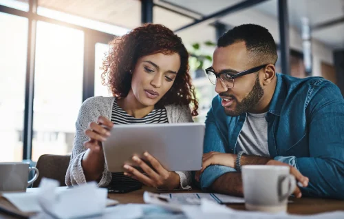 Tablet, economy news or couple with financial budget, investment growth or planning savings online.